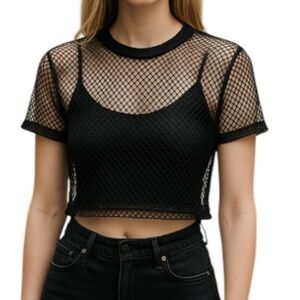 GARAGE Mesh Crop T-Shirt Black Fishnet Stretch Short Sleeve Size Medium